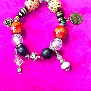 Collage bracelet, handmade hand, painted beads, handmade glass charms & dangles